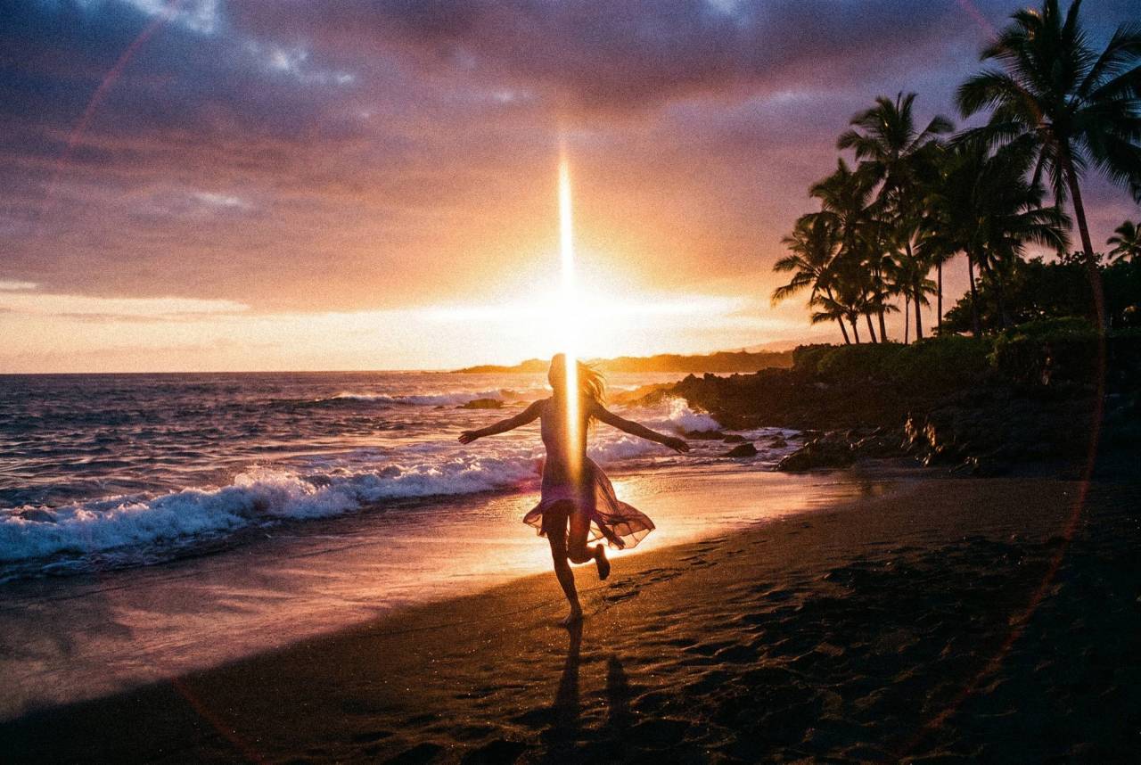 A woman runs barefoot along the shoreline at golden hour, arms outstretched, as sunlight breaks over the ocean between palm trees.
